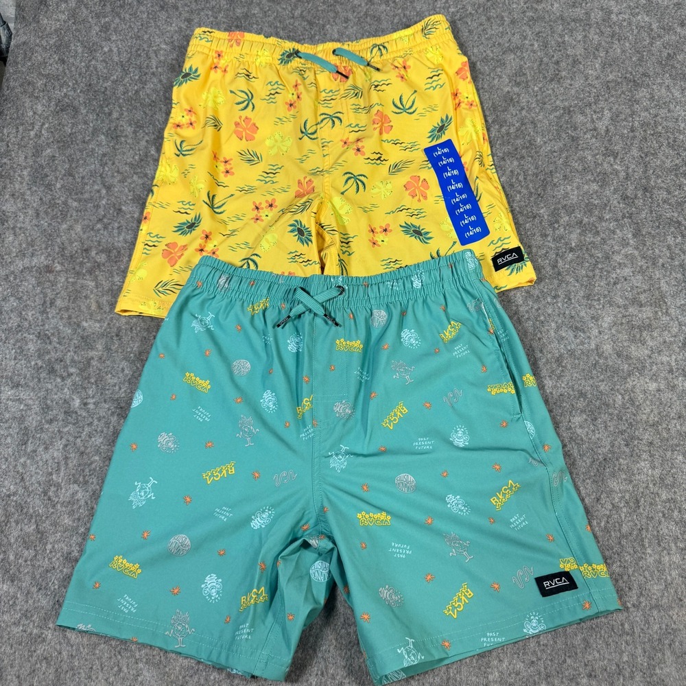 RVCA Boys 2 Pack Swim Trunks Yellow Teal Tropical Board Shorts Size L 14/16